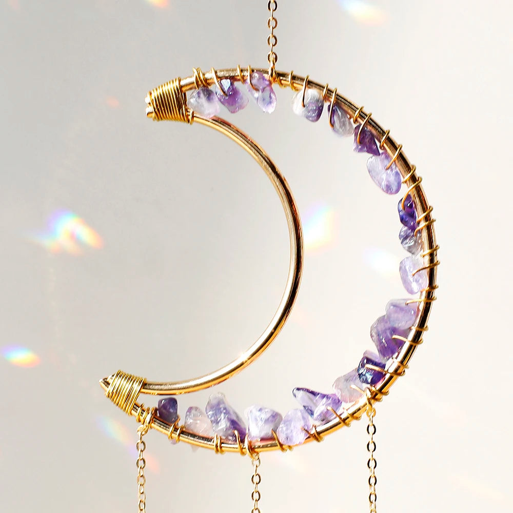 Hemasa Amethyst Suncatcher Moon Crystal Gemstone Windchime Sun Catcher / Rainbow Crystal Window Yard Garden Decoration Outdoor