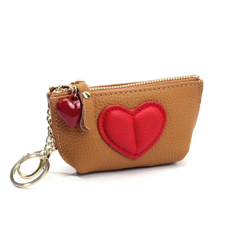 Tejesa Women's Soft Leather Coin Purses with KeyChain /Small Zipper Coin Pouch for Women Heart Pendant Zero Wallet Zipper Pocket