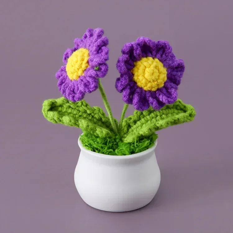Hemasa Cute Daisy Crochet Flowers Potted Woven Flower Creative Artificial Flowers Car Office Table Decor Handwoven Plant Flor Tejida