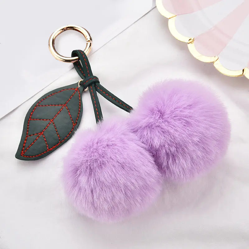 New Fashion Plush Cherry Keychains for Women Girls Fluffy Cartoon Rabbit Fur Ball Pompom Leaf Key Chains Rings Keyring Bag Gifts
