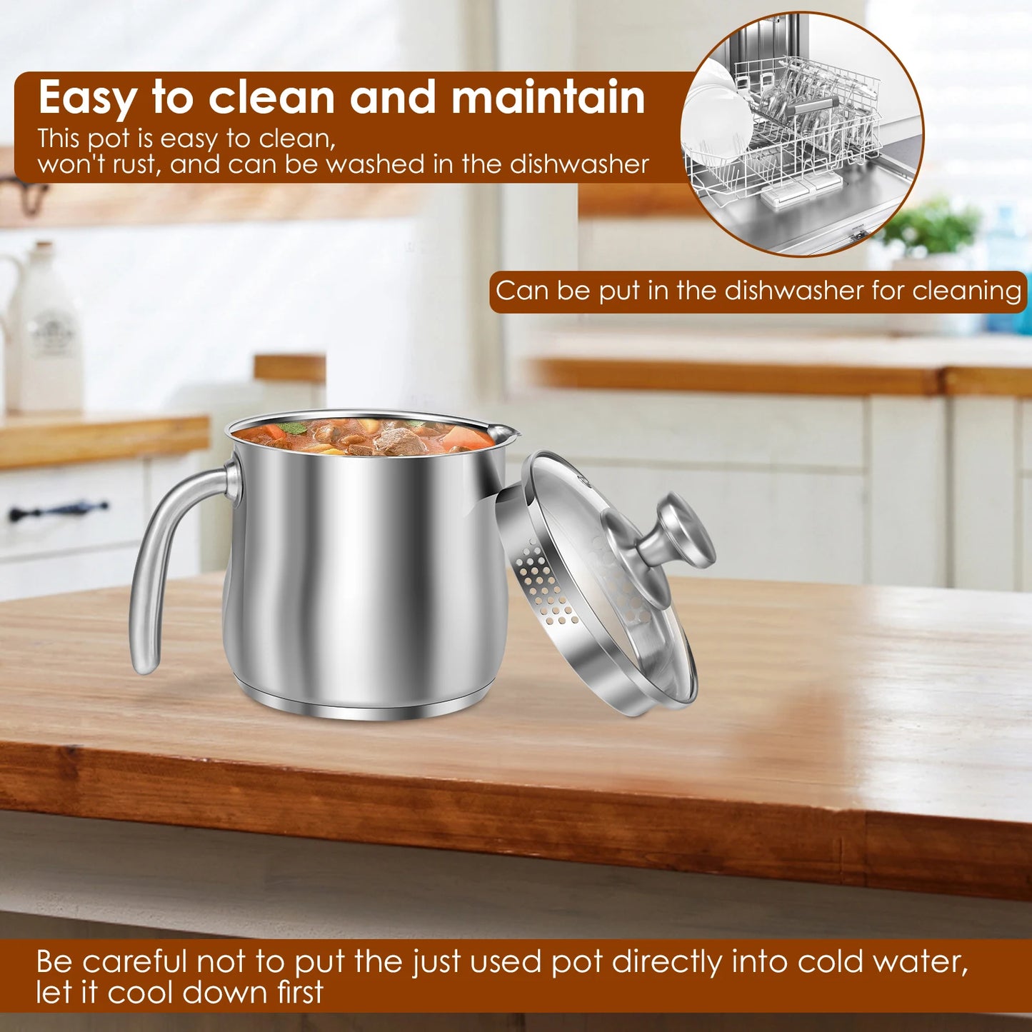 Tejesa 2000ml Saucepan Stainless Steel Pot High-capacity Kettle Home Cooking Pot for Baby Complementary Food Congee Noodles Dessert