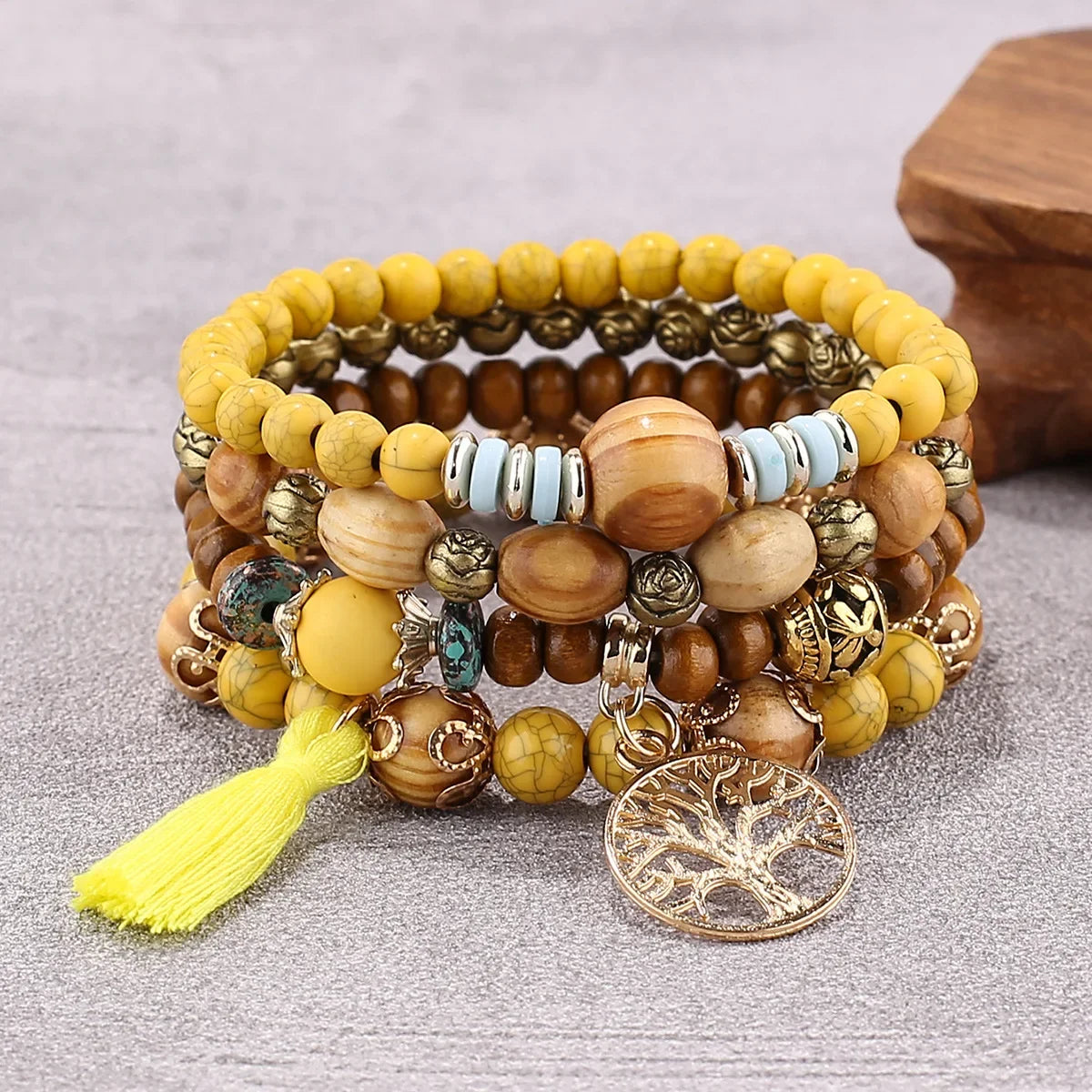 Bohemian Black Tassels Bracelet Set For Women Tree Of Life Charm Wooden Beads Elastic Chain Bangle Girls Fashion Jewelry