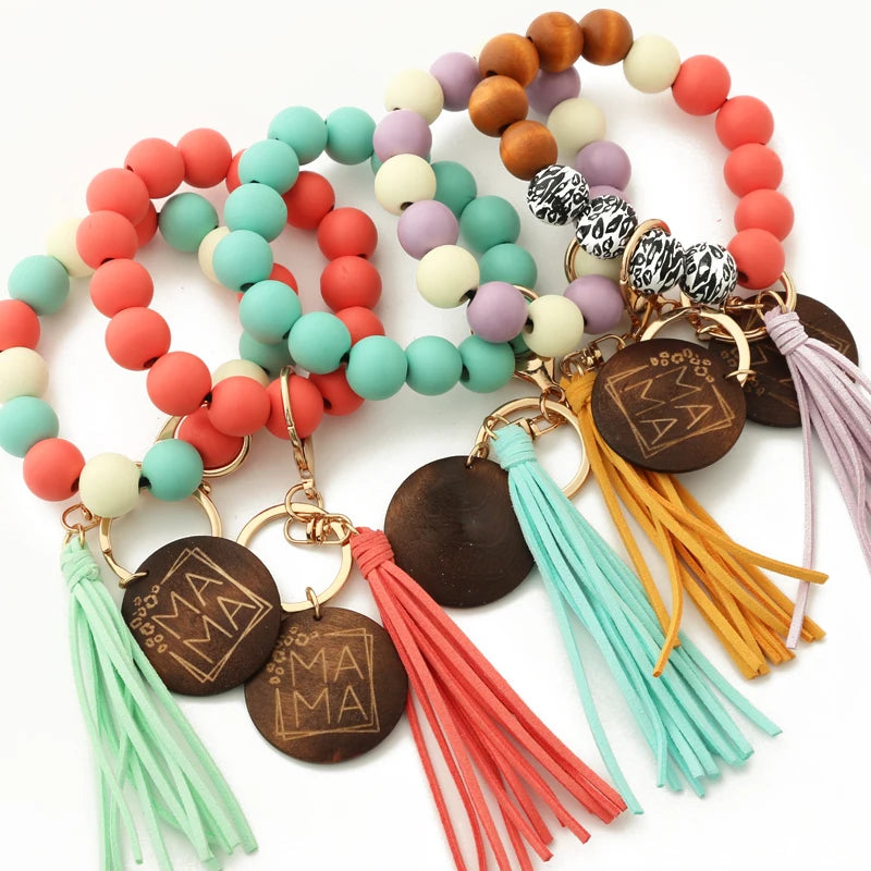 Hemasa Silicon Beads Wooden Disc Bracelet Tassel Keychain Wristlet Gift for Her Key Ring