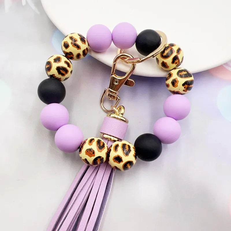 Leopard Print Acrylic Bead Bracelet, with PU Leather Tassels AndKeychain Bag Pendant, Women's Car Wrist Keyring