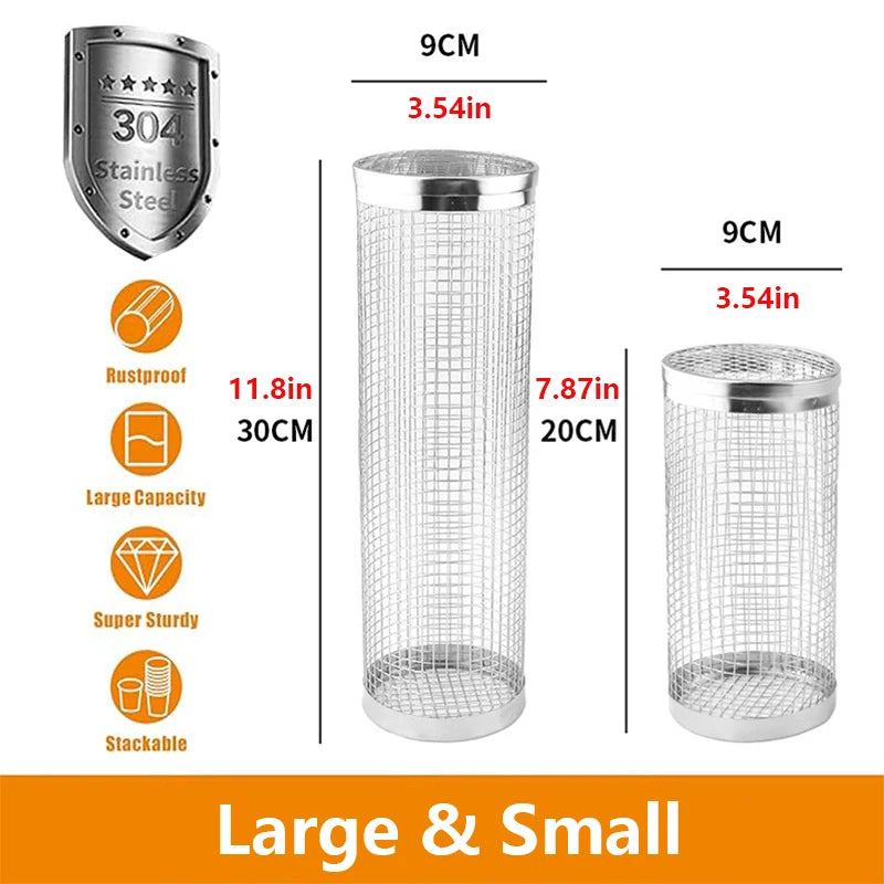 BBQ Grill Basket Stainless Steel Rolling Grilling Baskets for Ideal for Cooking Meat French Fries Vegetables on Outdoor Barbecue