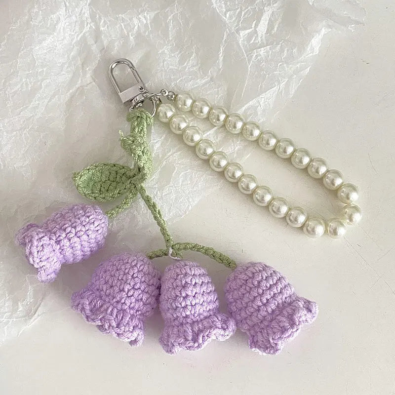 Hemasa 1pc Sweet Wool Crochet Lily Of The Valley Keychain Girls Pearl Chain Bag Pendant