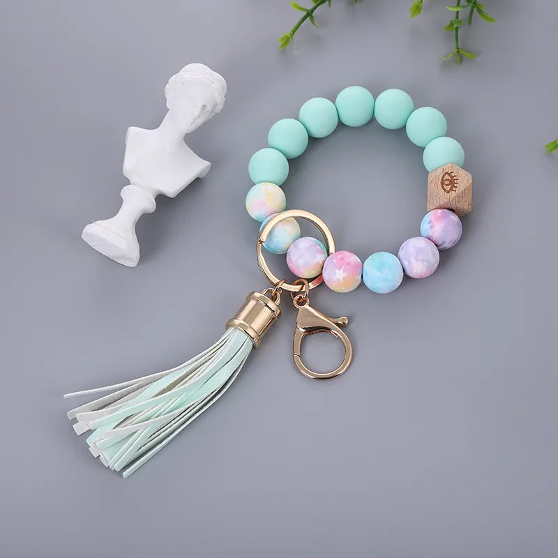 Silicone Keychain For Keys Tassel Wood Beads Bracelet Keyring For Women Multicolor Beads Keychain Fashion Keychain Wholesale