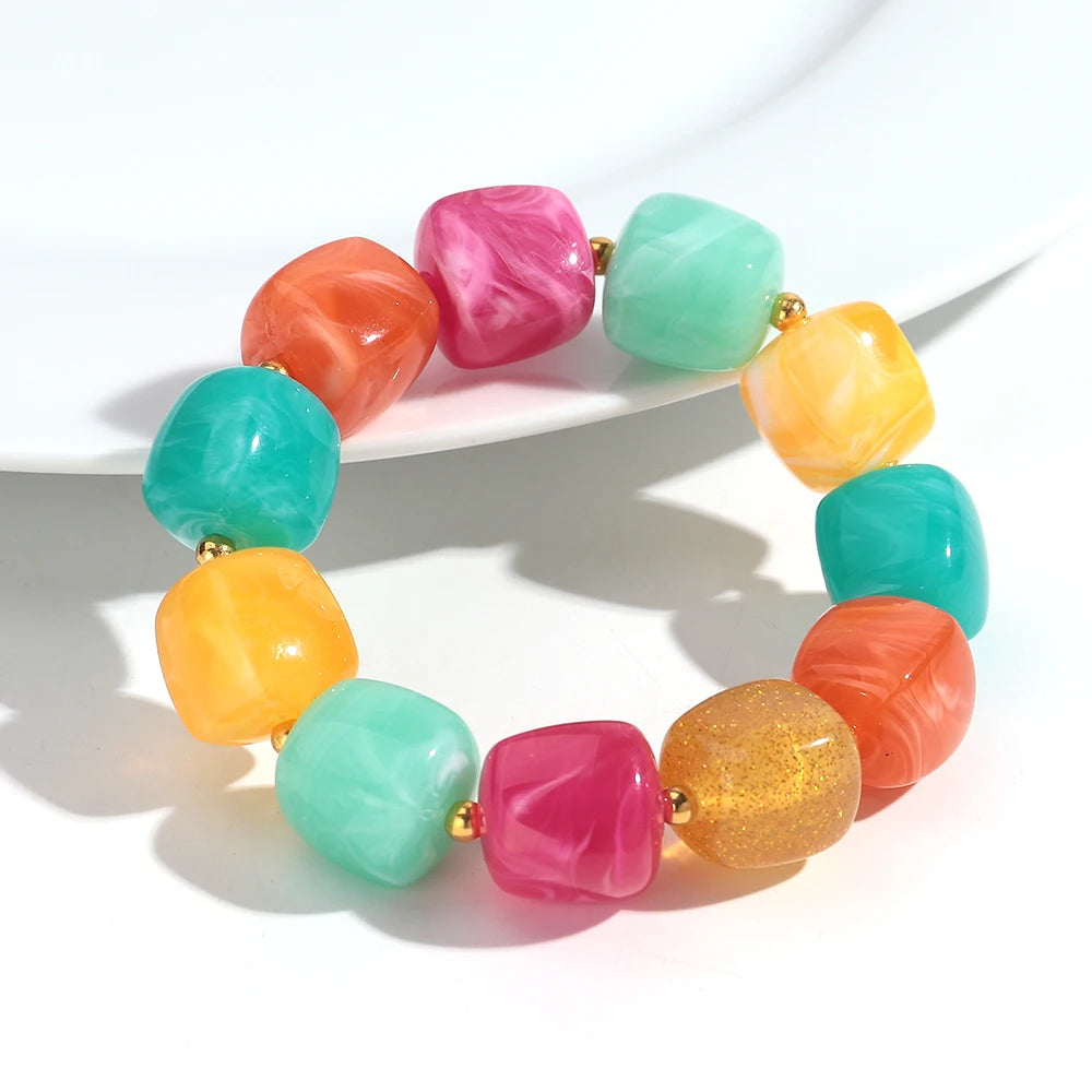 New Multicolor Acrylic Geometric Bead Bracelet for Women Trendy Resin Irregular Square Elastic Bracelets Handmade Jewelry Gift