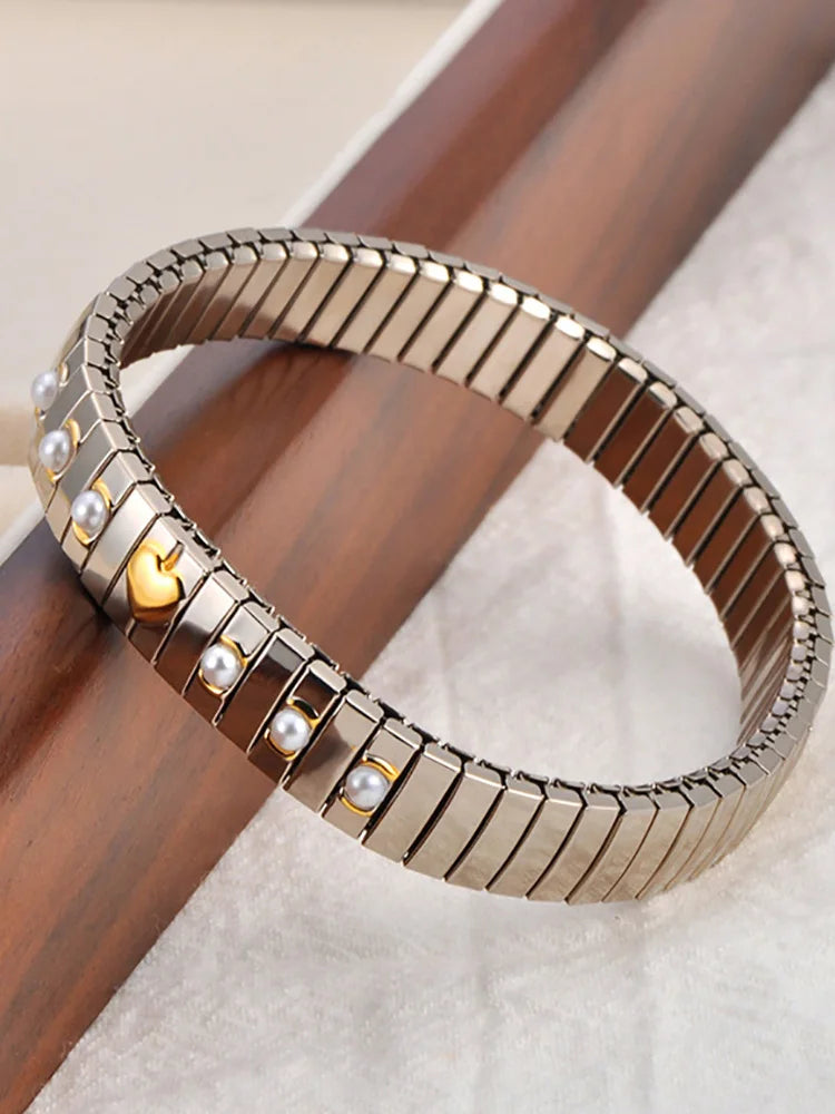 Tejesa Gold Plated Stainless Steel Elasticity Chain Bracelet with Simulated Pearl Heart Design (Color 4)