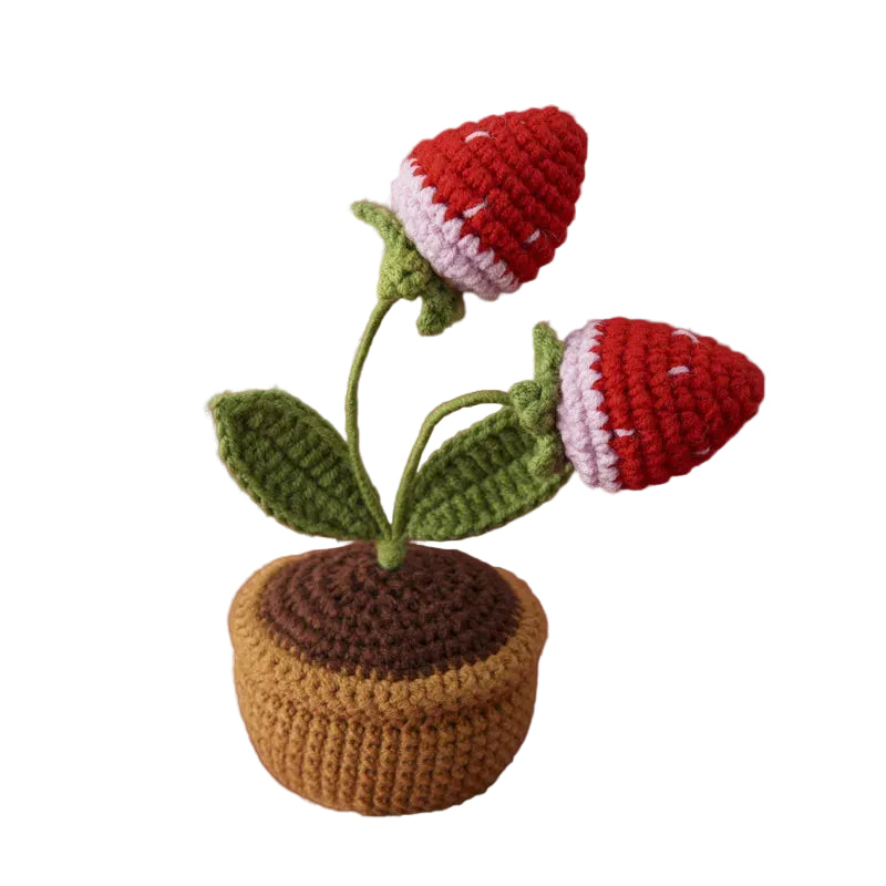 Hemasa Strawberry Crochet Potting Cute Kintted Flowers /Handwoven Flowers for Table Car Bookshelf Home Decor Gift Crochet Strawberry