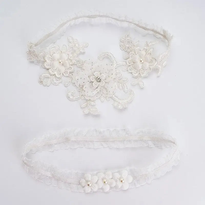 2Pcs/Set Womens Bridal Stretch Wedding Thigh Rings Embroidery Flower Faux Pearl Rhinestone Jewelry Prom Party Leg Garter