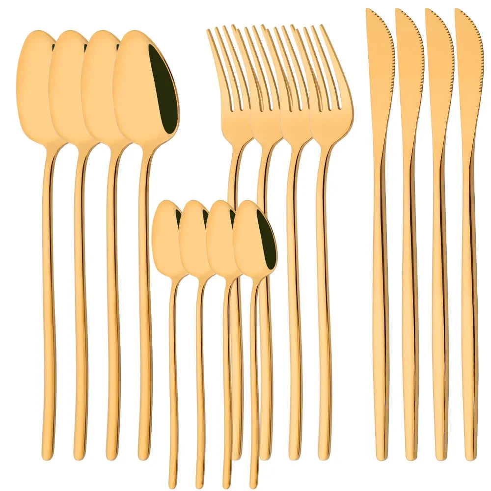 Hemasa 16Pcs Gold Dinnerware Stainless Steel Cutlery Set Knife Fork Tea Spoon Dinner Flatware Set Kitchen Silverware Tableware