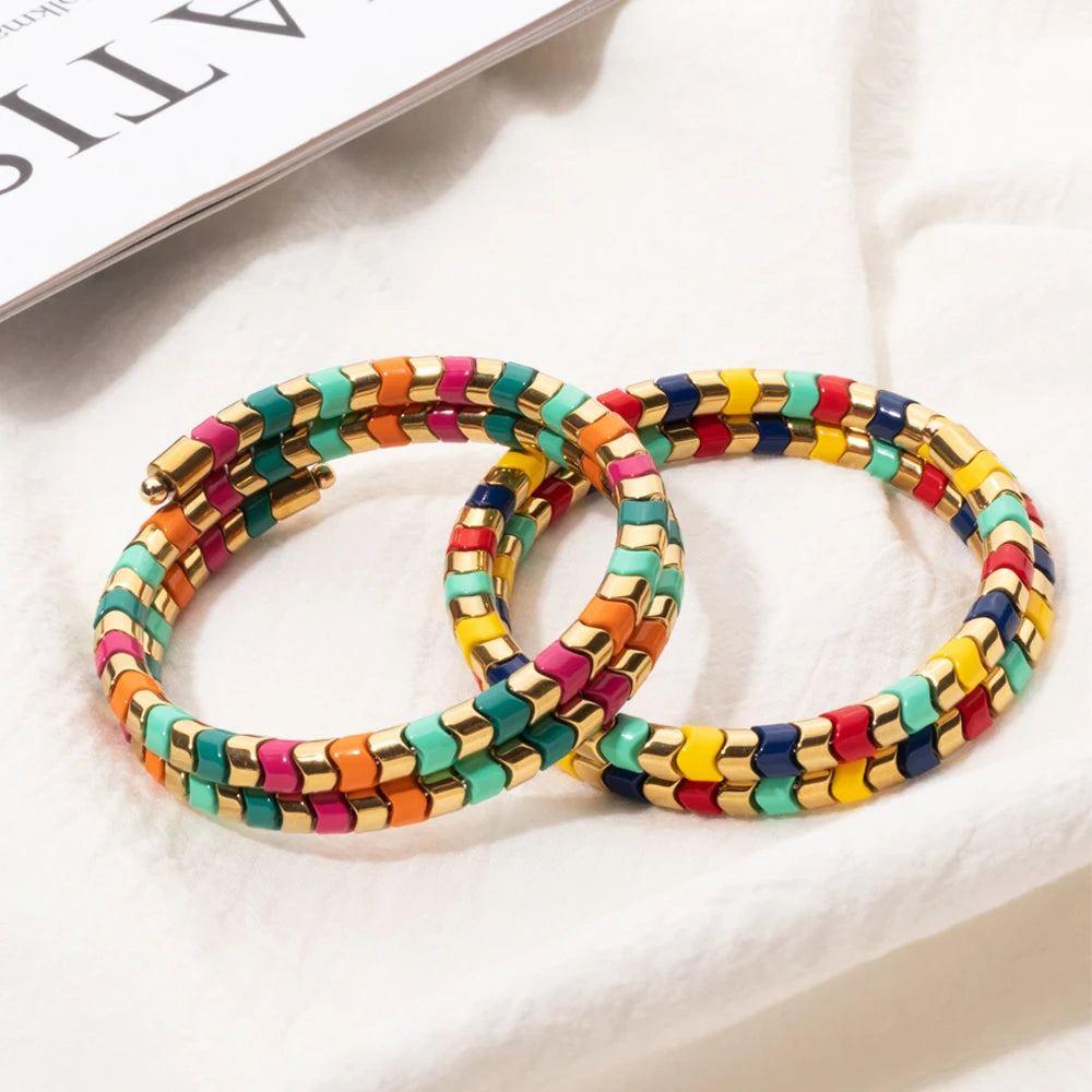 Tejesa 5X6mm  Enamel Colorful  Circle Tube Beads Bangle Bracelet  For Women