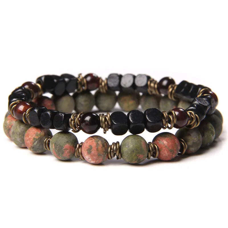 2pcs/set Beaded Bracelet Natural Stone Tiger Eye Hematite Beads Bracelet Men Energy Elastic Rope Bracelet Jewelry Couples Gifts