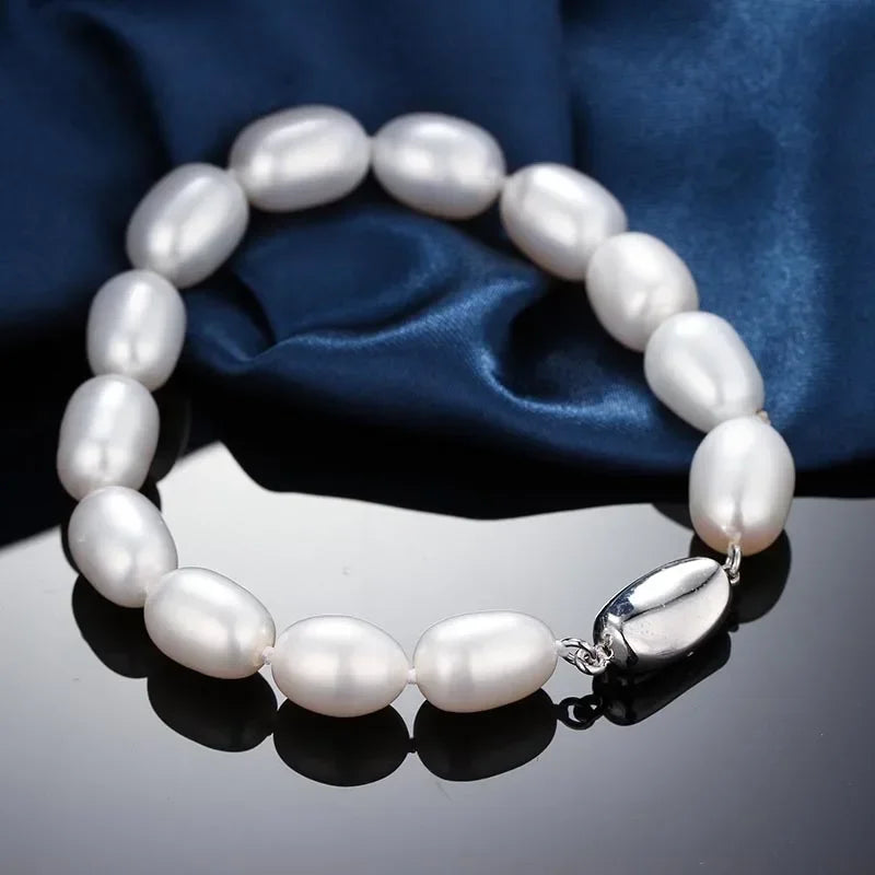 YWYC 7-8mm Natural Freshwater Pearl Bracelets 18cm Length Rice Shape White Pink Purple Bracelets for Women Jewelry Gift