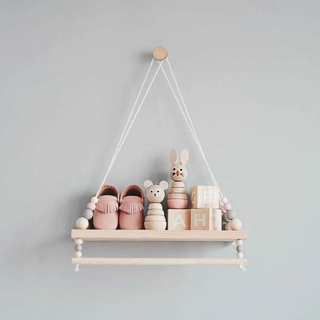 2024 Nordic Nursery Decor Scandinavian Decor Wooden Wall Shelf with Beads  Kids Room Decoration Organizer Storage Holders