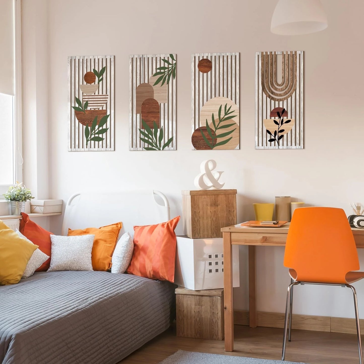 Hemasa 40cmBoho style 4pcs 2D Flat Wooden Wall Art Abstract Geometry Sun Rainbow Pattern Suitable Living Room Bedroom Office Decoration