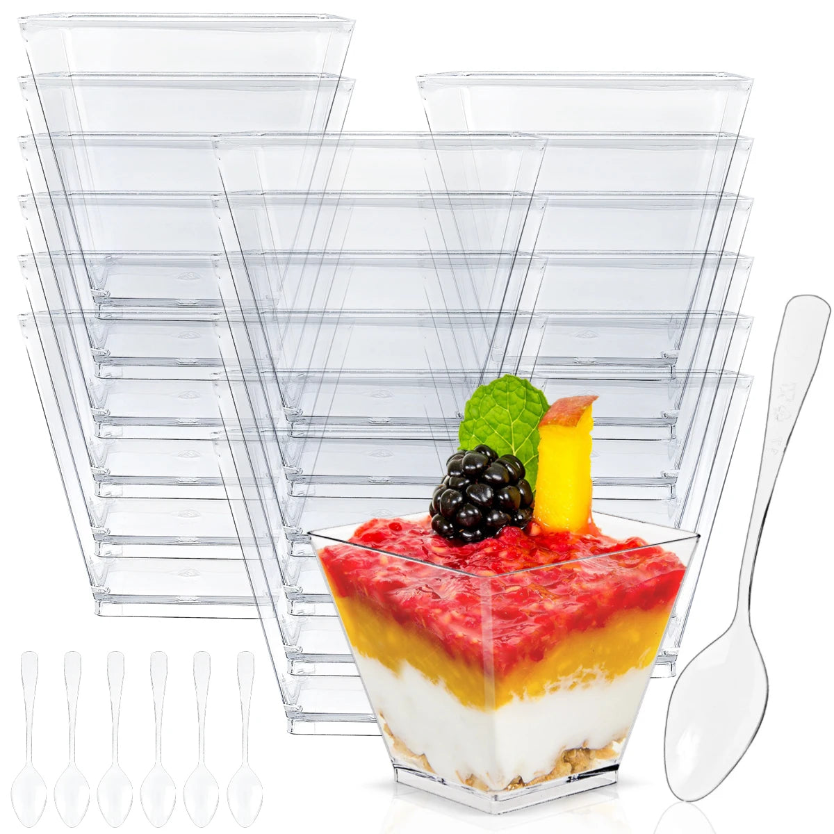 50Pcs 60ml Mini Dessert Cups Clear Plastic Party Ice Cream Cups with Lids Spoons Reusable Serving Bowl for Tasting Appetizers