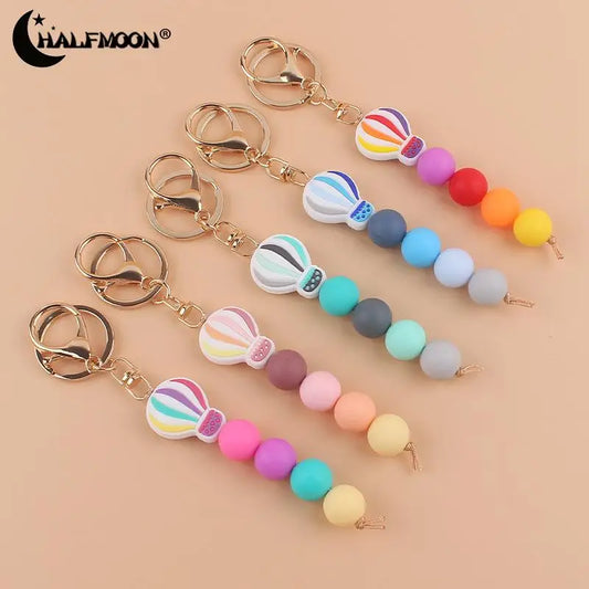 New Cartoon Balloon Beaded Keychain Silicone Round Bead Key Chain For Women Girls Birthday Gift Car Bag Pendant Keychains