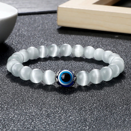 8mm White Cat Eye Stone Beads Evil eye Bracelet Men Tiger Eye Black Beads Turkish style Strand Bracelet For Women female Jewelry
