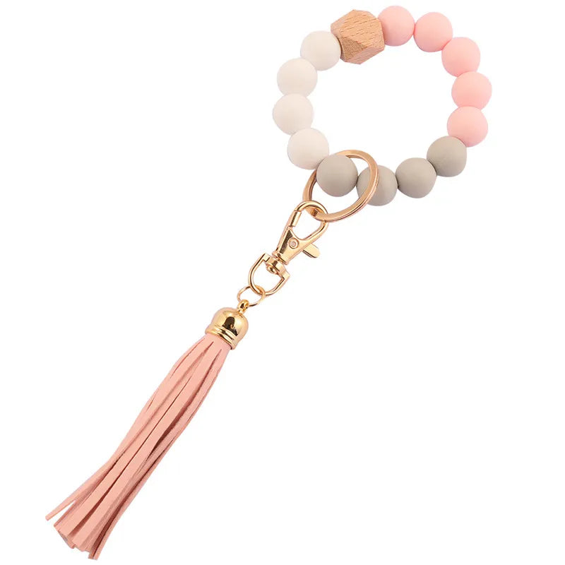 Hemasa  Silicone Wood Beads Keychain Keyring For Women Wristlet Bracelet Pendant Keychain With Jewelry Accessories