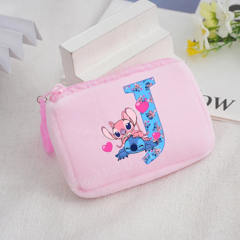 Disney Stitch Plush Coin Purse Cute Anime Cartoon A-Z Letter Stich Printed Wallet Kawaii Girls Earphone Storage Zipper Bag Gifts