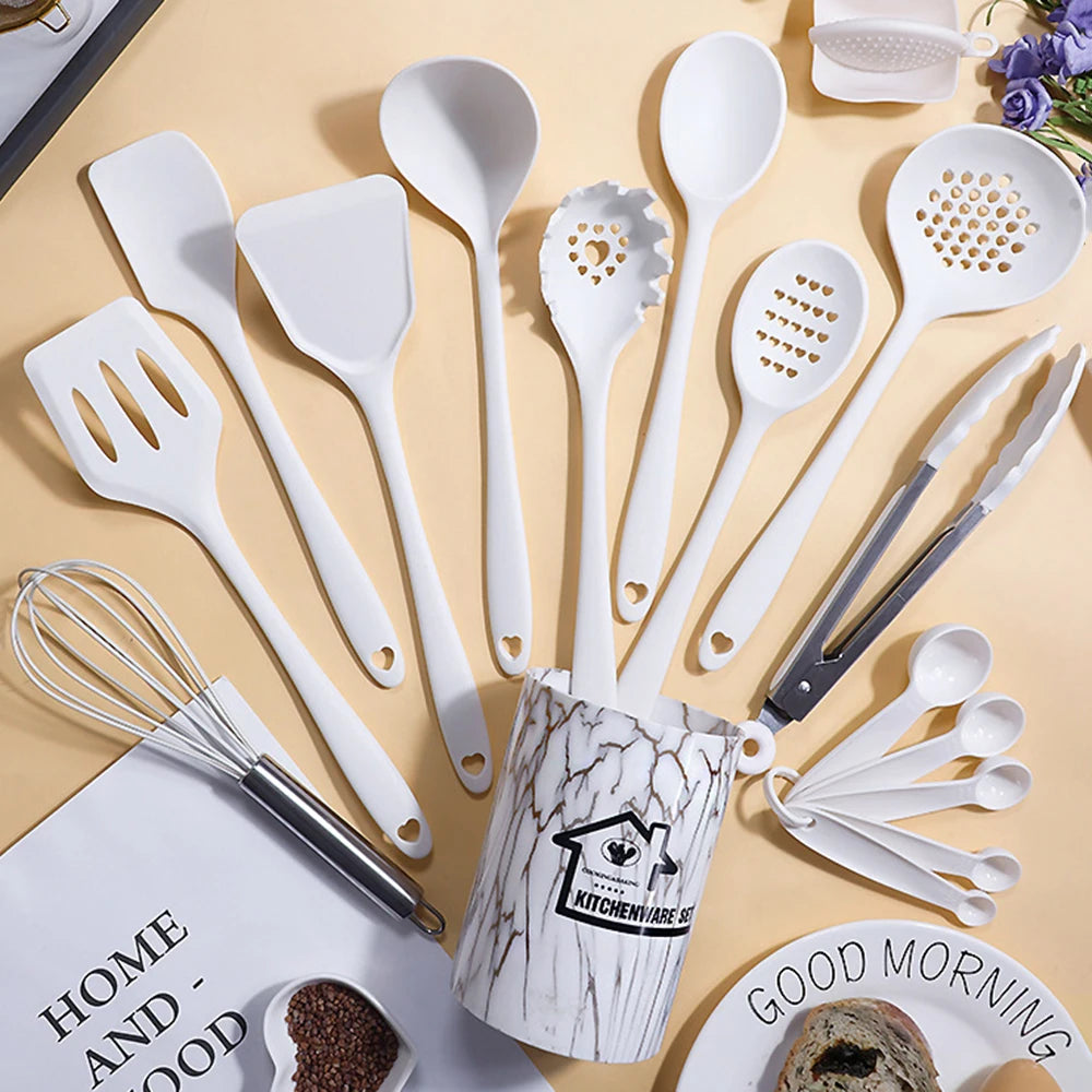 Hemasa Pink 18Pcs Food Grade Silicone Kitchen Cookware Utensils Turner Spatula Measuring Spoon Practical Cooking Tool Kitchenware Set