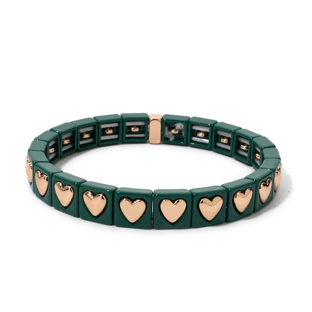 8mm Square Shape Love Bangle For Women Rainbow Color Peach Boho Enamel Elastic Beads Bracelets