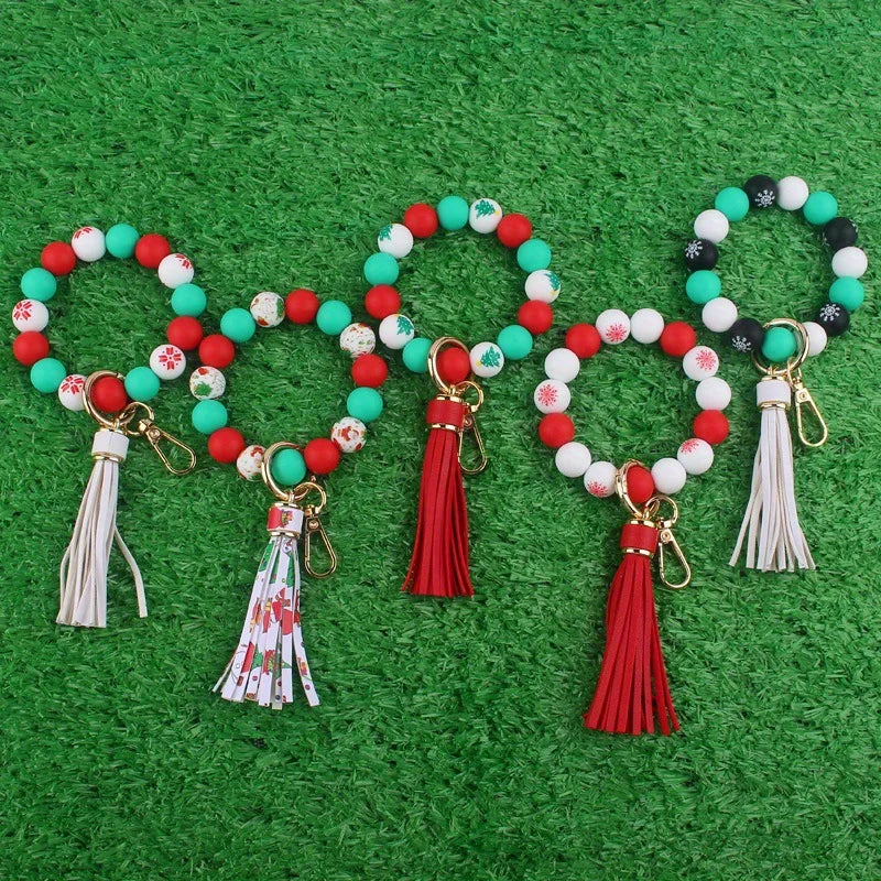 Hemasa Christmas Silicone Bead Bracelet Keychain Ladies Wallet Tassel PU Fringe Creative Beaded Wristband Fashionable Gift Item