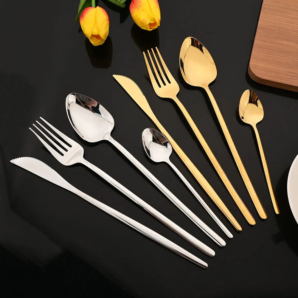Hemasa 16Pcs Gold Dinnerware Stainless Steel Cutlery Set Knife Fork Tea Spoon Dinner Flatware Set Kitchen Silverware Tableware