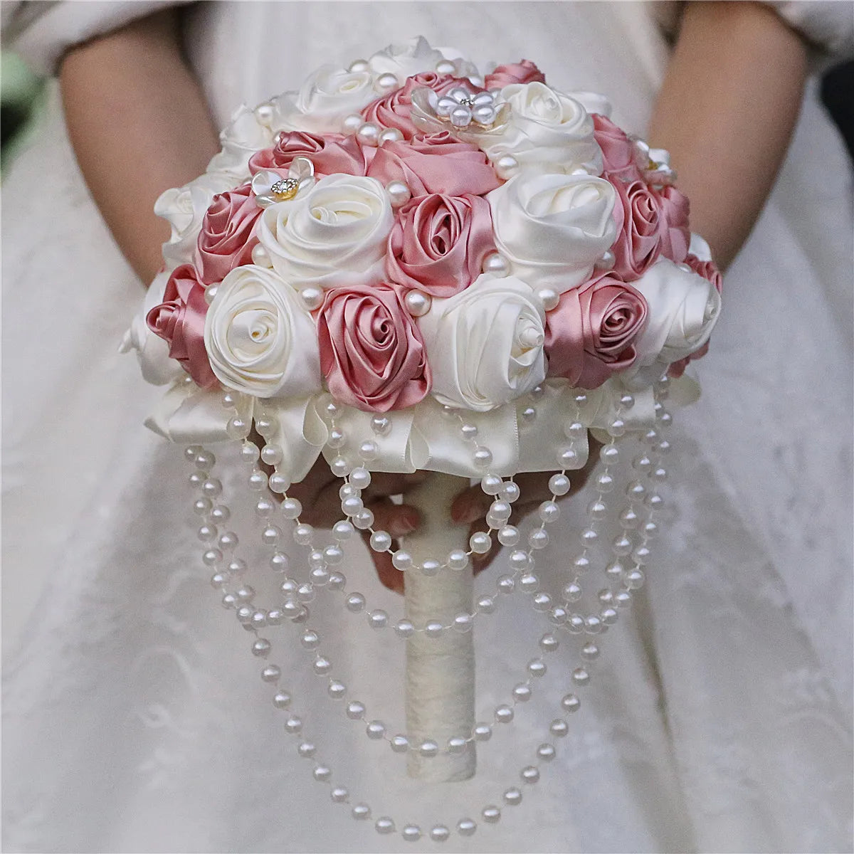 YeeNanee 8.6in Handcraft Creamy Rose Satin Rose Bridal Bouquet with Pearl Pendant for Bride Bridesmaid Wedding Quinceanera Decor