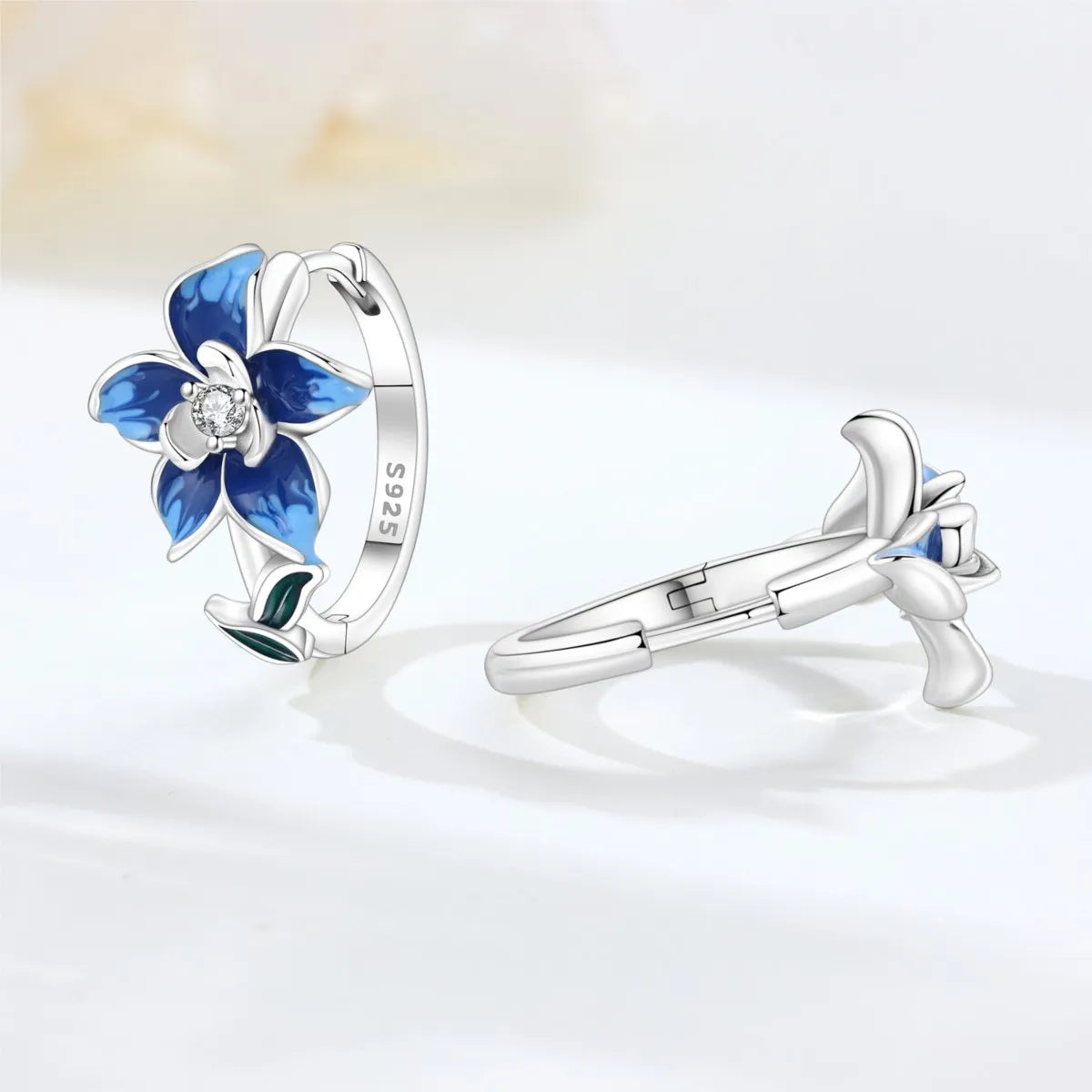 Orstarry S925 Sterling Silver Earrings Exquisite Blue Horseshoe Lotus Orchid Iris Flower Earrings For Women Birthday Gift