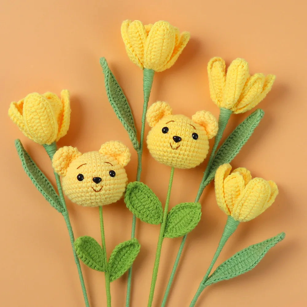 Hemasa 3Pcs Animal Crochet Bouquet Cute Cartoon Hand-knitted Artificial Flowers