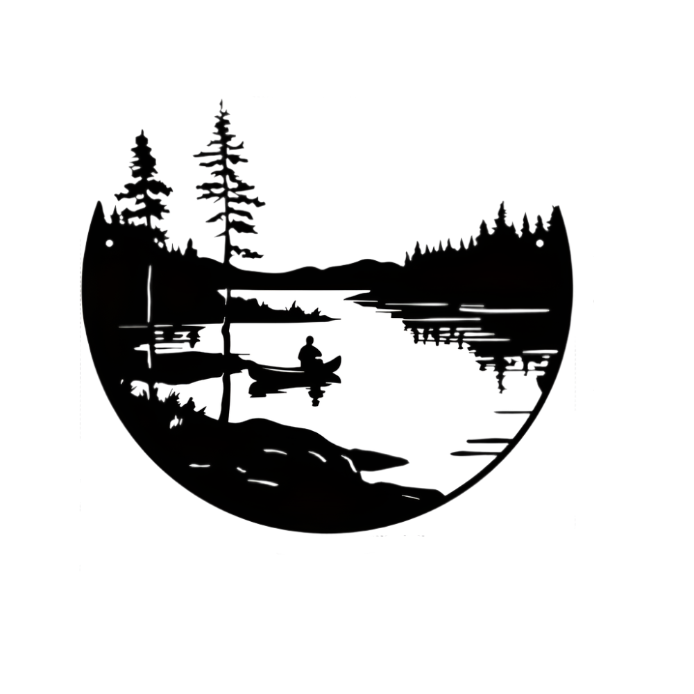 Hemasa 1 pc of bohemian style metal wall art scenic lake and mountain silhouette round outdoor sculpture home and patio wall decoration