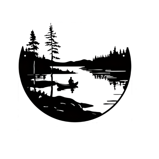 Hemasa 1 pc of bohemian style metal wall art scenic lake and mountain silhouette round outdoor sculpture home and patio wall decoration