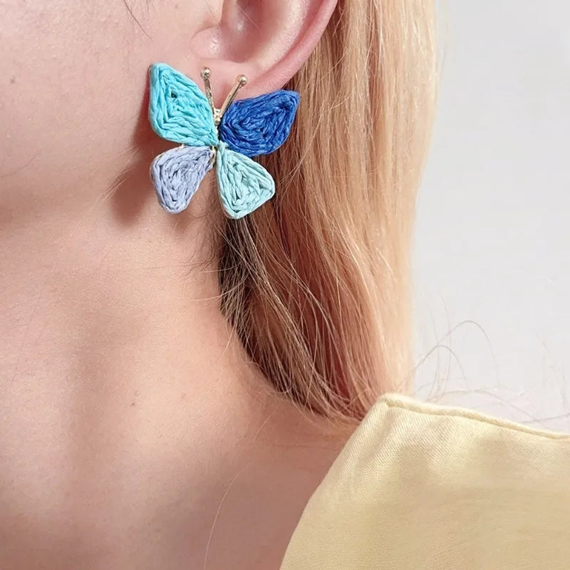 Hemasa Minar Bohemian Multicolor Rattan Knit Raffia Butterfly Wings Dangle Earrings for Women