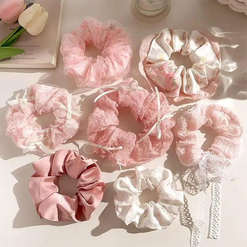 7pcs Spring and summer floral pig large intestine hair loop, high-end hair accessory with tied ponytail and headband