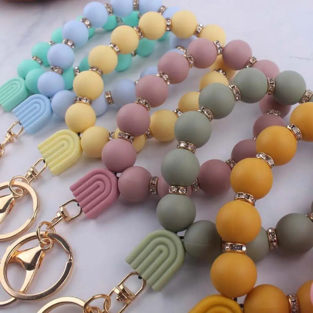 Fashion Food Grade Colorful Rainbow Silicone Bead Keychain For Women Lobster Clasp Bracelet Key Chain Schoolbag Car Key Jewelry