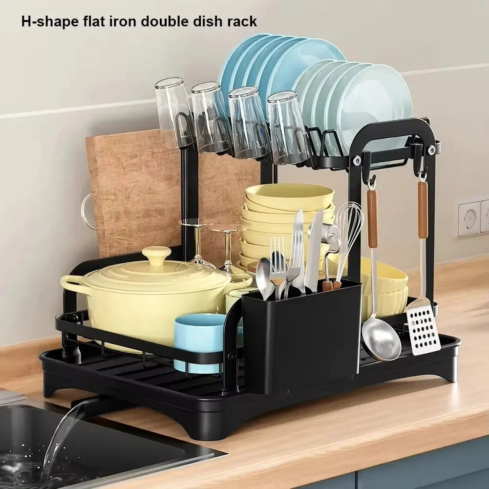 Hemasa 2 Tier Dish Bowl Drainer Storage Rack Kitchen Dish Drying Rack with Drain Basket
