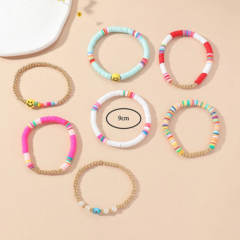 6-7Pcs/Set Bohemia Smile Face Colorful Stackable Bracelet Soft Clay Pottery Layering Friendship Bead Girl Bangle Boho Jewelry