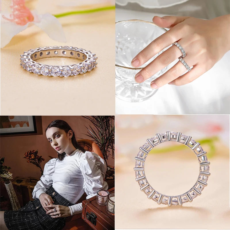 BAMOER Platinum Plated Moissanite Ring Full / Half Eternity Band for Women 925 Sterling Silver Diamond Wedding Engagement Ring