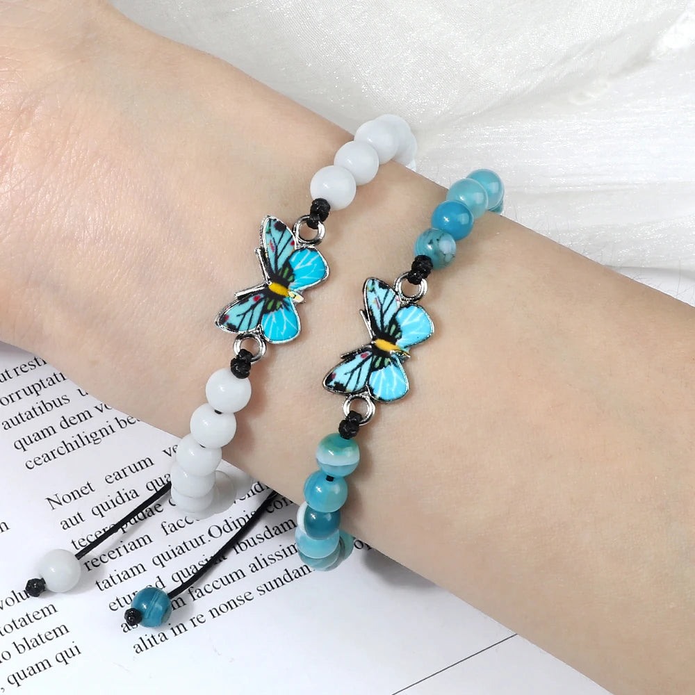 Men Bohemian Blue Butterfly Bracelet Handmade Women Natural Stone Agate Black Lava Beads Bracelets Bangles Fashion Wrist Jewelry