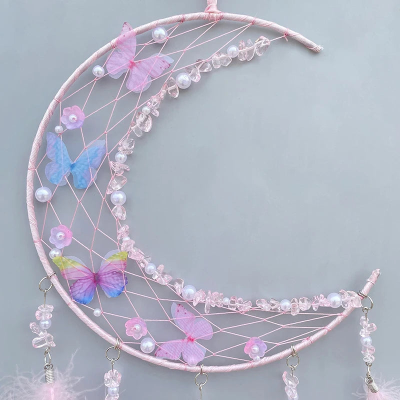 Hemasa  Pink Feather Butterfly Wind Chimes Dream Catcher Handmade Living Room Hanging Ornaments Wall Pendant Festival Party Gifts