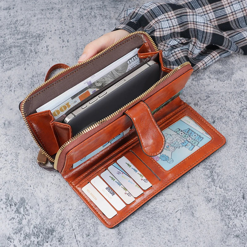 Hemasa Women's oil wax leather wallet / coin wallet Multi-function mobile phone bag multi-card bag