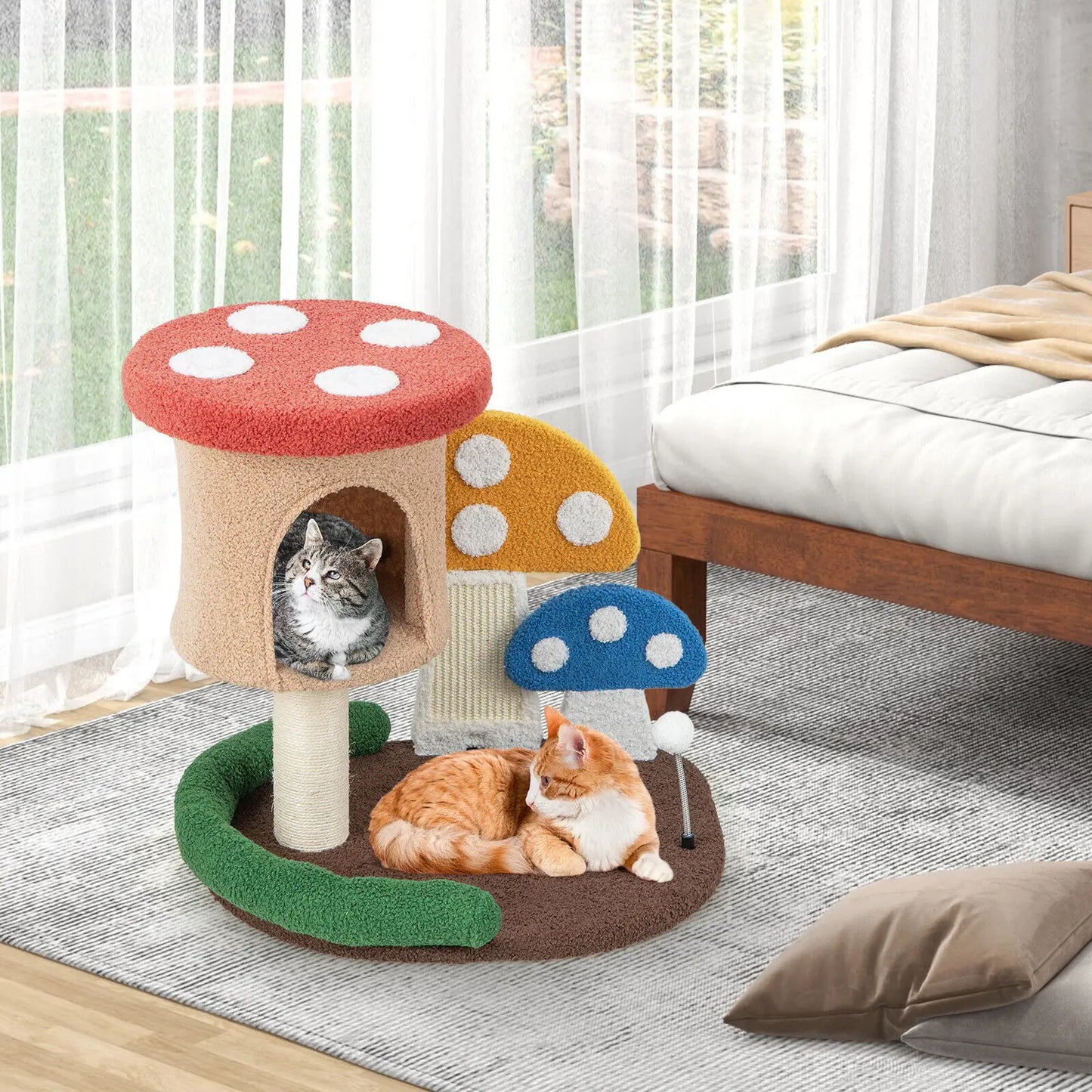 DORTALA 4-In-1 Cat Tree Mushroom Cat Tower Wooden Cat Activity Center Climbing Stand