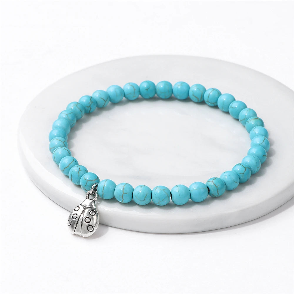 Fashion Animal Ladybug Pendant Bracelet Natural Stone Quartz Turquoises Beads Charm Bracelets Women Men Cute Lucky Jewelry Gift