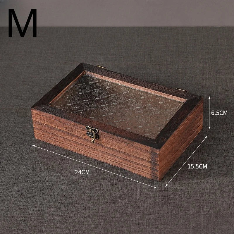 Retro Crabapple Flower Glass Covered Solid Wood Box for Home Miscellaneous Items Dried Fruit Certificates Dust-proof Storage Box