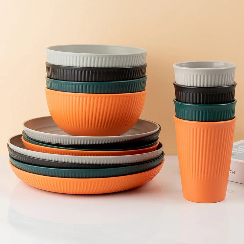 Heamsa 4Pcs Wheat Straw Tableware Set Plate Dish Bowl Cup Unbreakable Kitchen
