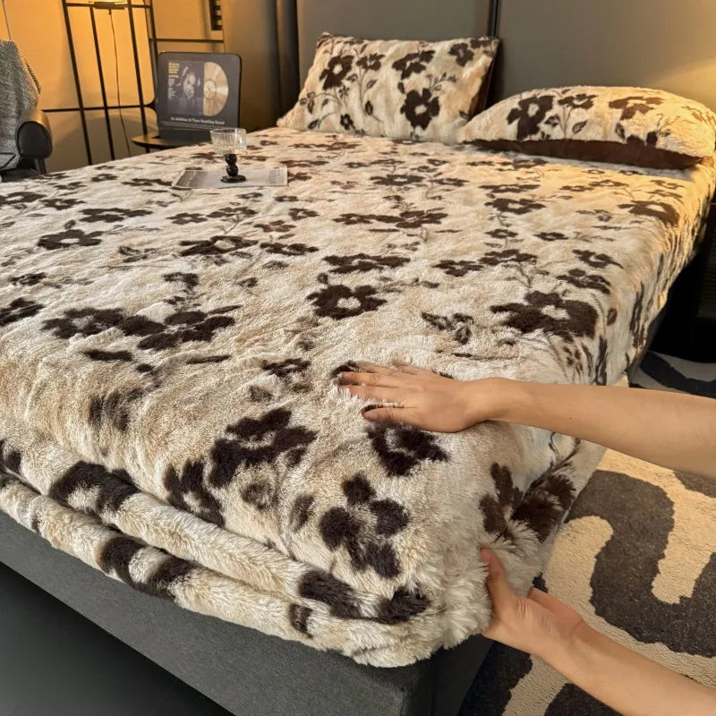 Thiened Rabbit Fur Bed Canopy Single Piece Winter Warm Fce Coral Velvet Full Wrap Mattr Protector Tee Piece Set