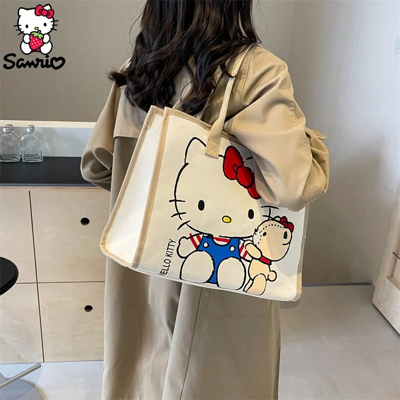 Hemasa Hello Kitty Canvas Bag  Tote Bag Shoulder Storage makeup  Pouch Anime Handbag Travel Shopping Bag Kid Schoolbag Girl Gift